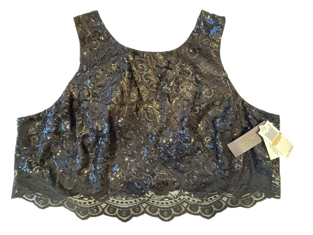 City Studio Black Lace and Sequin Scalloped Hem Crop Top